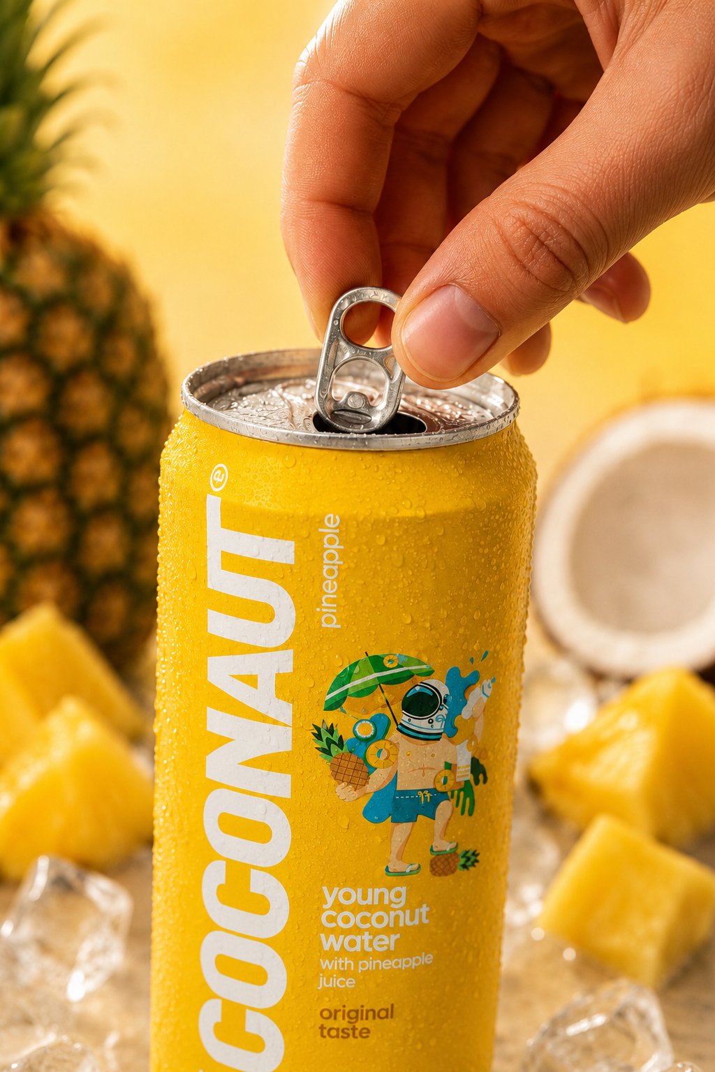 Coconaut woda kokosowa — detal opakowania close-up AI