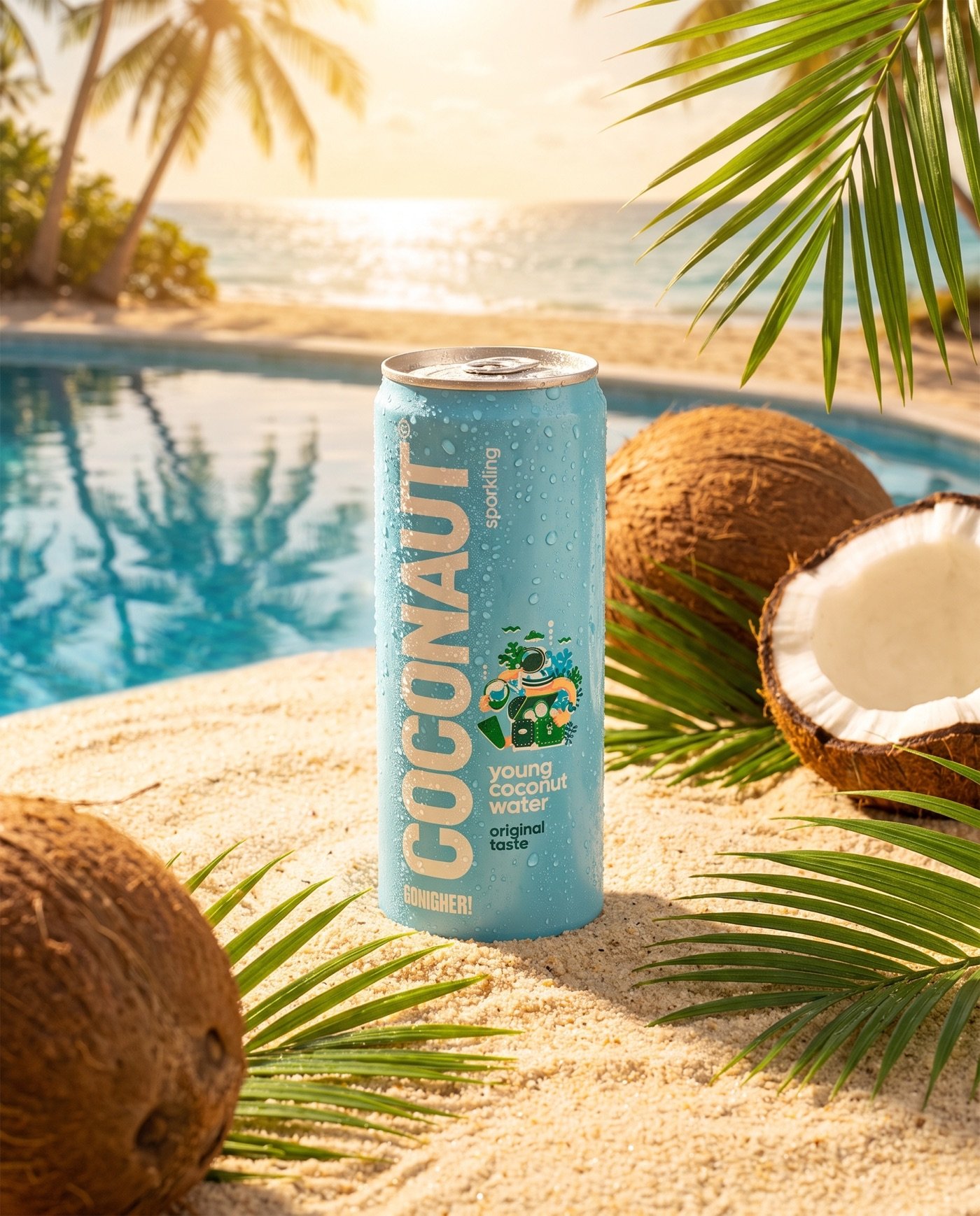 Coconaut woda kokosowa — scena lifestyle na plaży AI