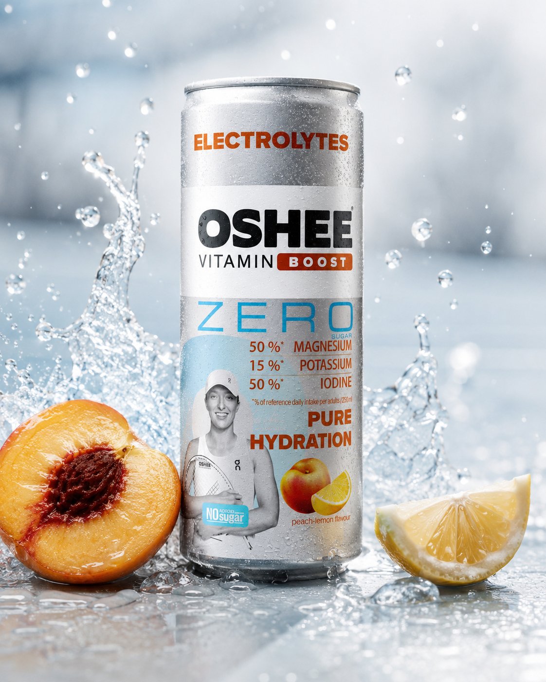 Oshee elektrolity brzoskwinia — packshot AI