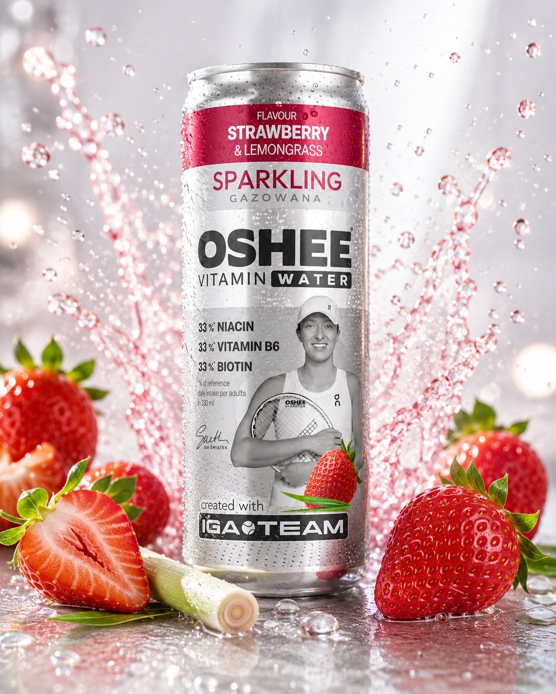 Oshee sparkling truskawka 330ml — packshot AI