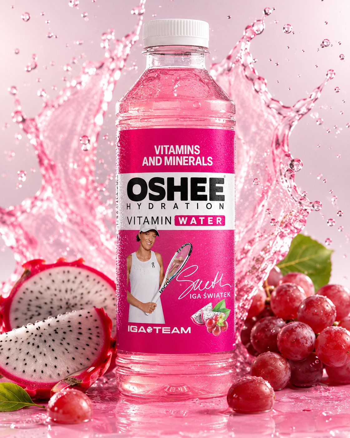 Oshee vitamin water różowy — hero produktowy AI